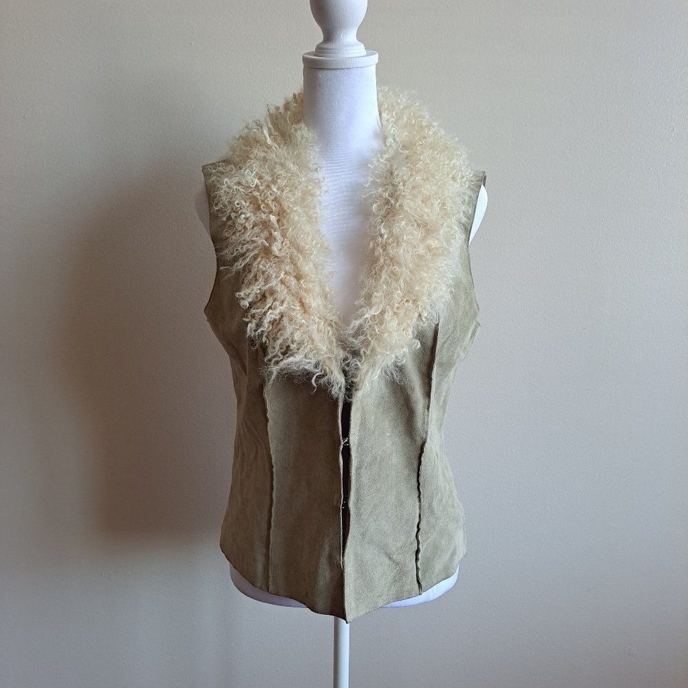 Nine West 100% Leather Tan Suede Vest with Faur Fur Collar Size S